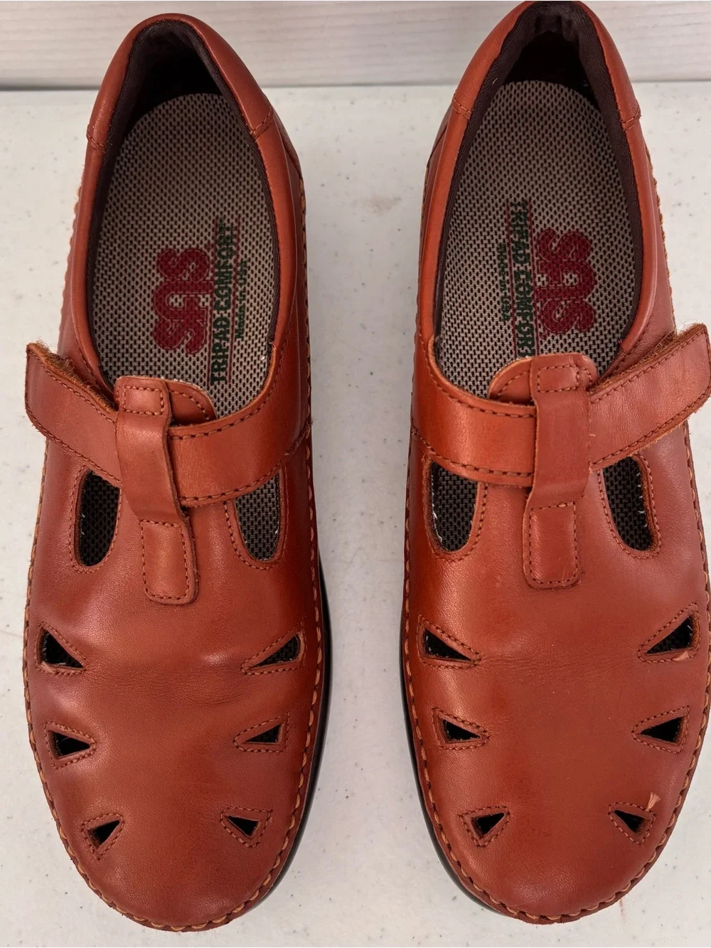 SAS Women's Leather Mary Jane Wedges - Cognac Brown